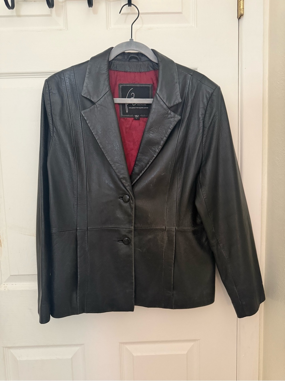 Wilson Black Leather Women's Blazer with Burgundy Lining
